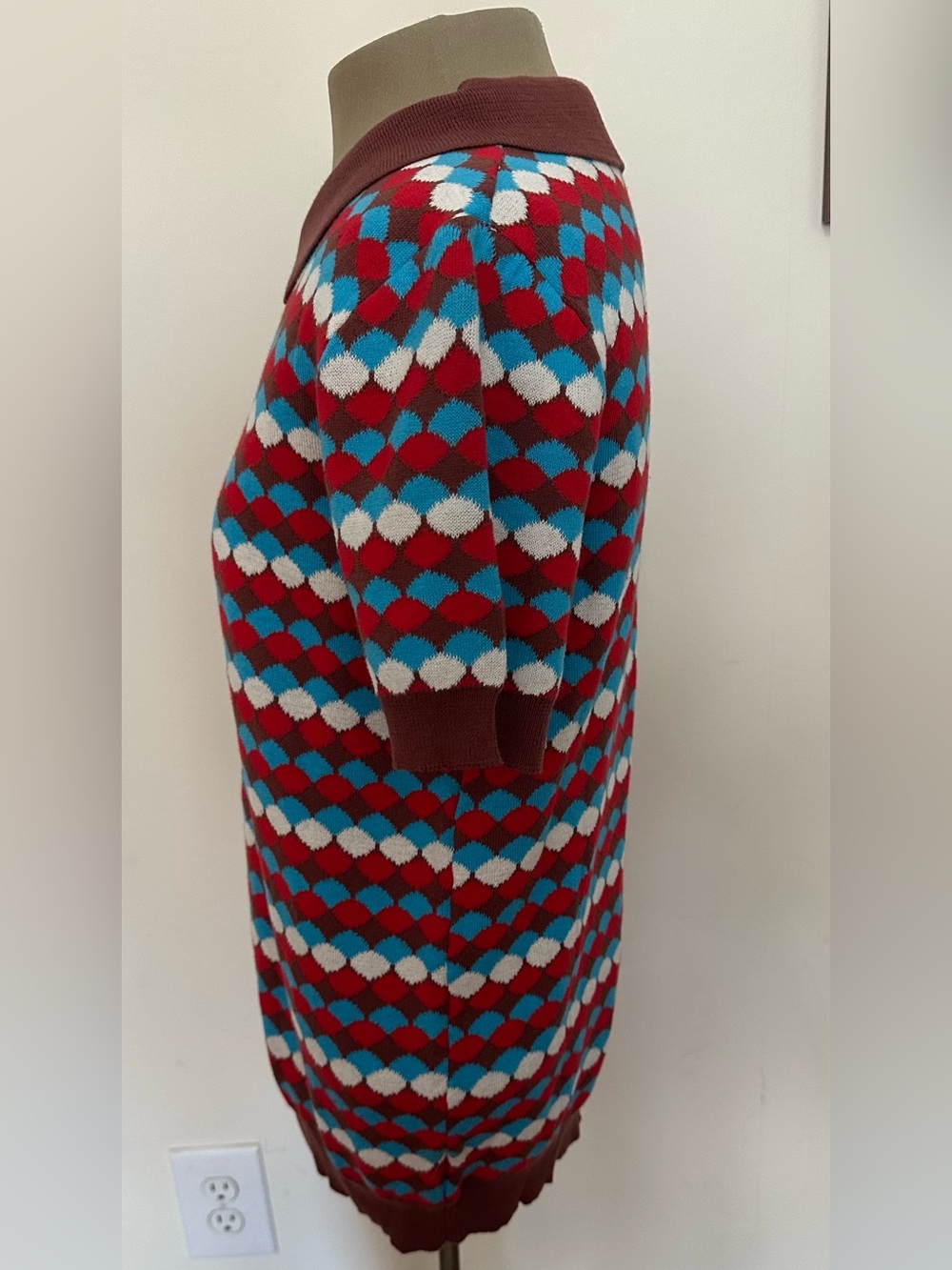 OxKnit Short-Sleeve Scoop-Collar Knit Sweater in Red, Blue & White 100% Cotton - Picture 2 of 9